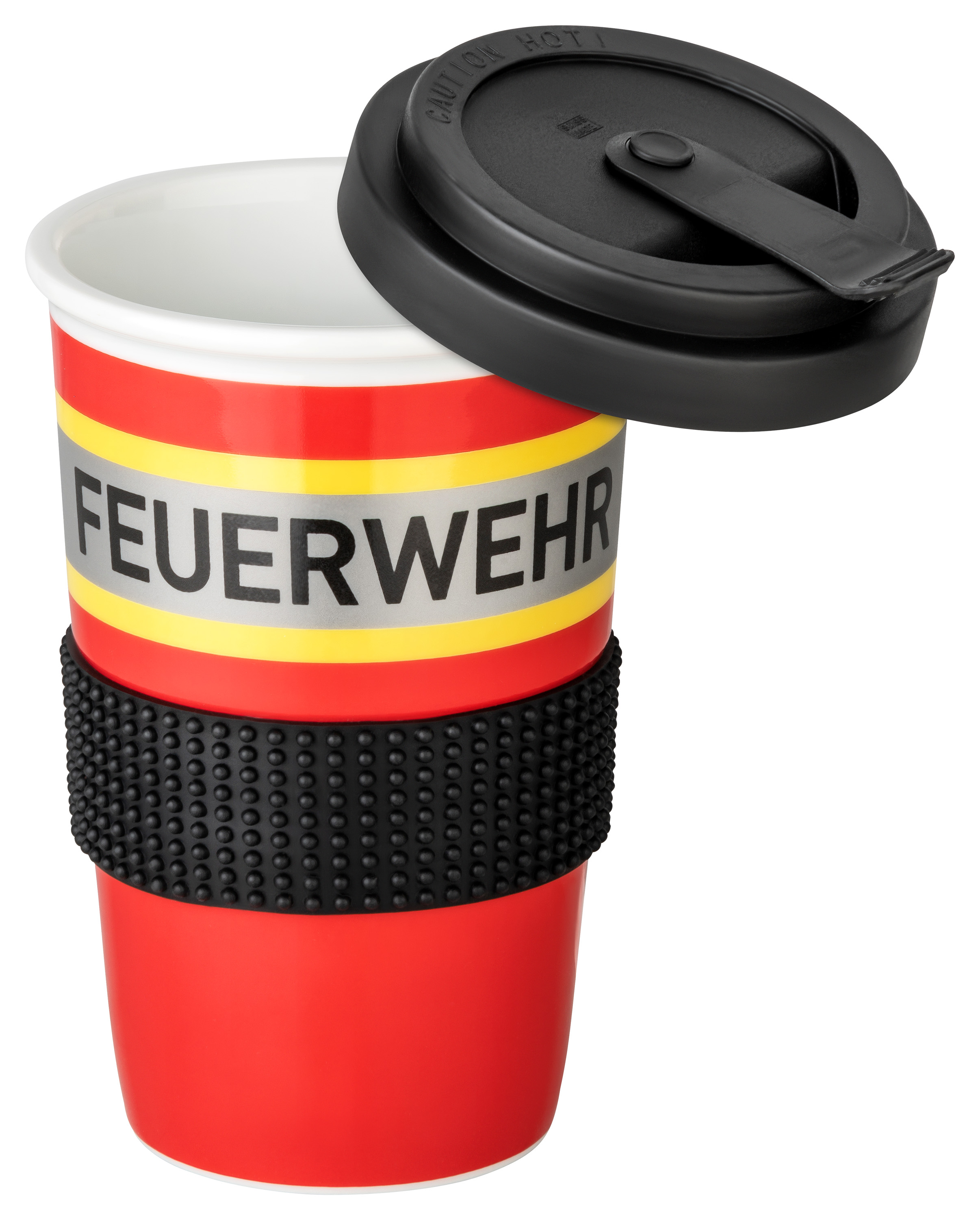 Coffee To-Go Becher aus hochwertigem Porzellan 400ml, rot mit gelb-silber-gelb Feuerwehroptik, Kunststoffdeckel mit Verschluss und Silikonbanderole