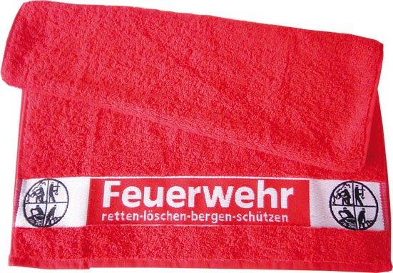 Handtuch rot 100x50cm FEUERWEHR und Signet Retten Löschen Bergen Schützen 100% Baumwolle