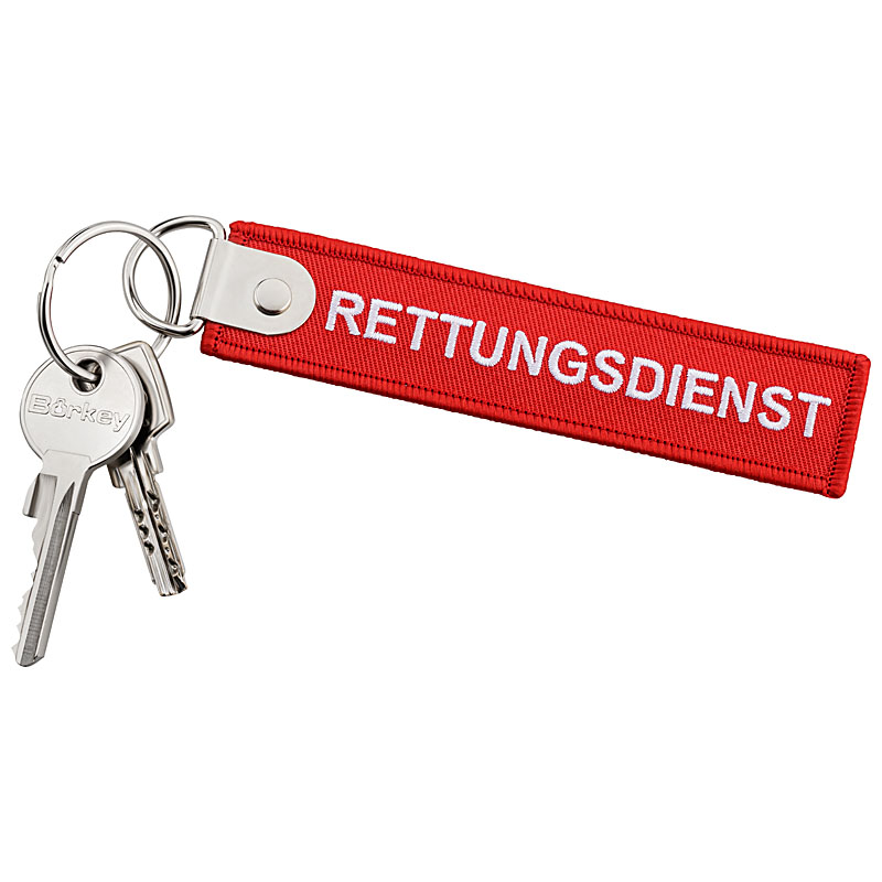 RETTUNGSDIENST Schlüsselanhänger rot 120x27mm mit verstärkter Metallplatte und Schlüsselring