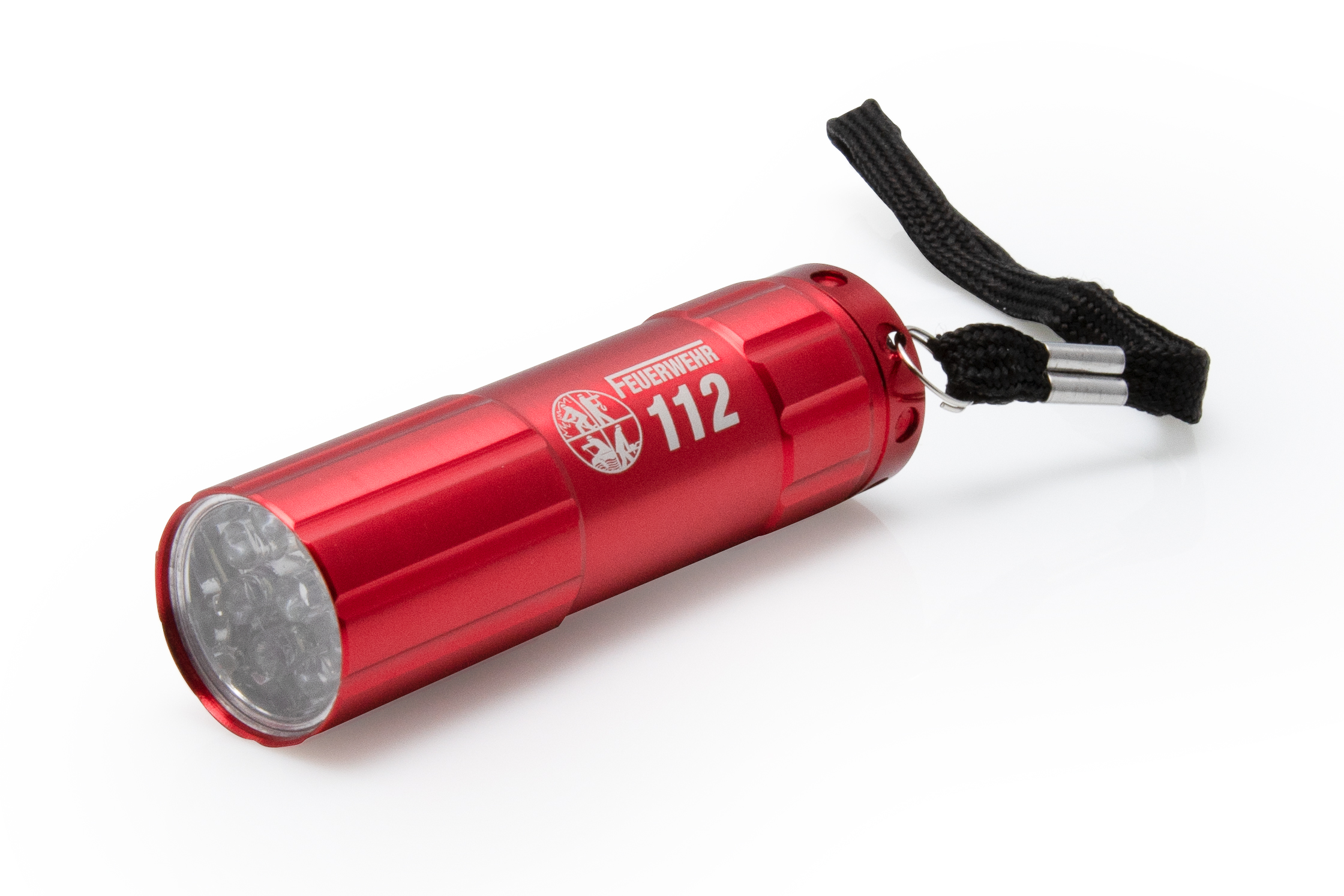 Feuerwehr Taschenlampe rot mit Gravur FEUERWEHR 112 und DFV Signet inkl. 3 AAA Batterien