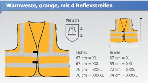 Warnweste orange EN471 mit 4 Reflexstreifen Größe XL
