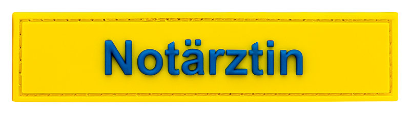 Qualifikationskennzeichnung Gummi Patch, 110x25mm, gelb mit blauer Schrift Notärztin, Kletthaken aufgenäht