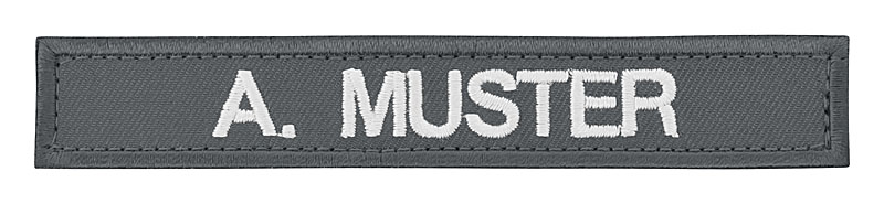 PACOTEX Namensschild aus Stoff, bestickt,110x25mm, grau, Wunschtext, mit Kletthaken benäht
