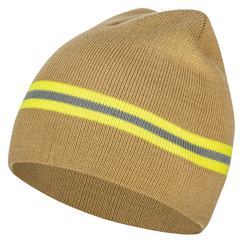 PACOTEX® Helden Beanie beige mit gelb-silber-gelb Streifen Feuerwehr Optik Wintermütze