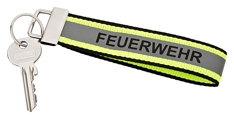 Schlüsselanhänger FEUERWEHR in gelb-silber-gelb Optik mit reflektierendem Streifen 140x30mm mit Schlüsselring