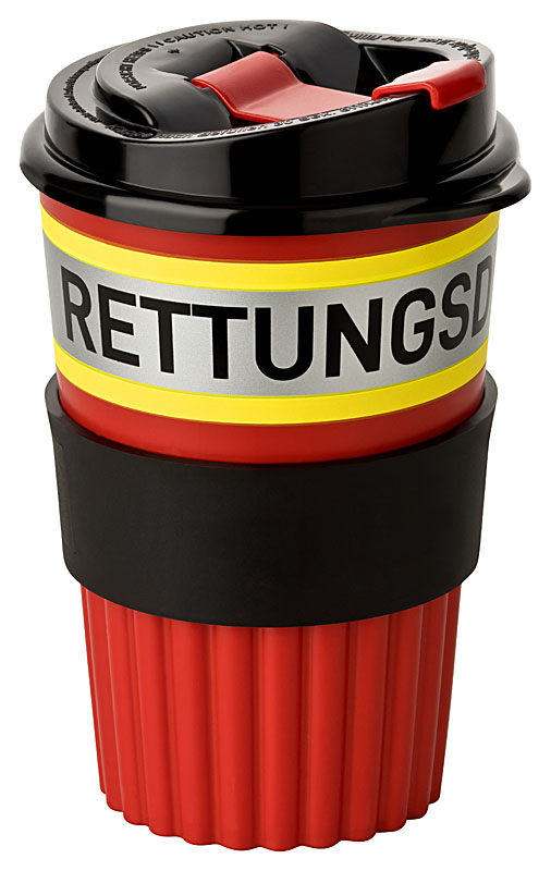 Bio Coffee To-Go Becher, rot mit gelb-silber-gelb Streifen in Retteroptik und Aufdruck "RETTUNGSDIENST", 350ml, griffige Softmanschette